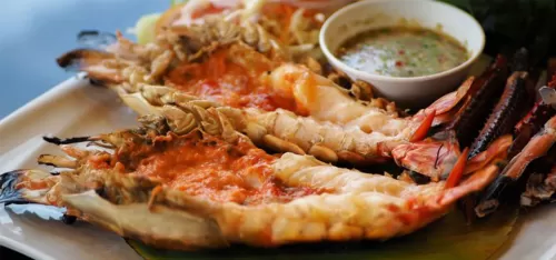 Grilled Giant Fresh Water Prawns with Green Chilli Dressing