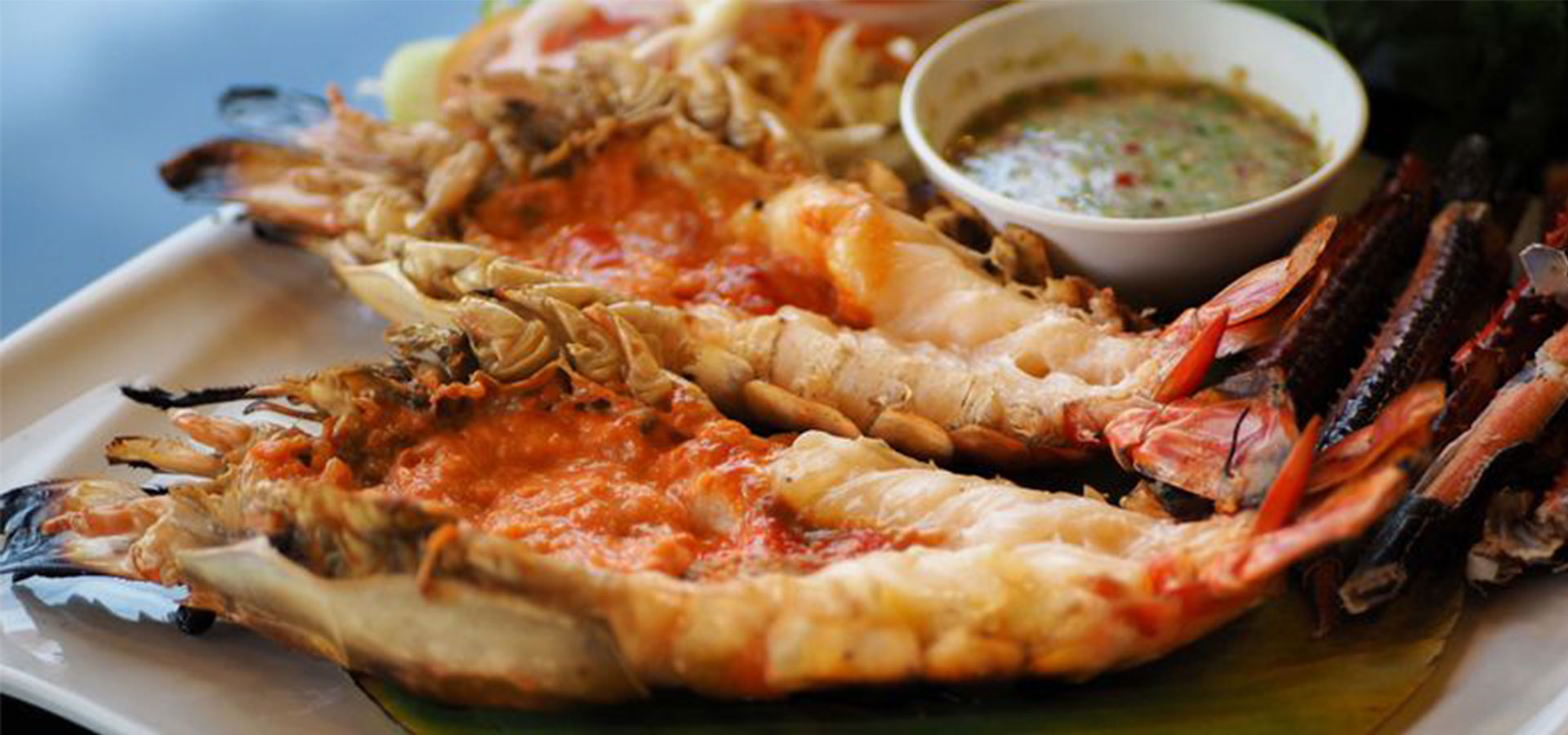 Grilled Giant Fresh Water Prawns with Green Chilli Dressing